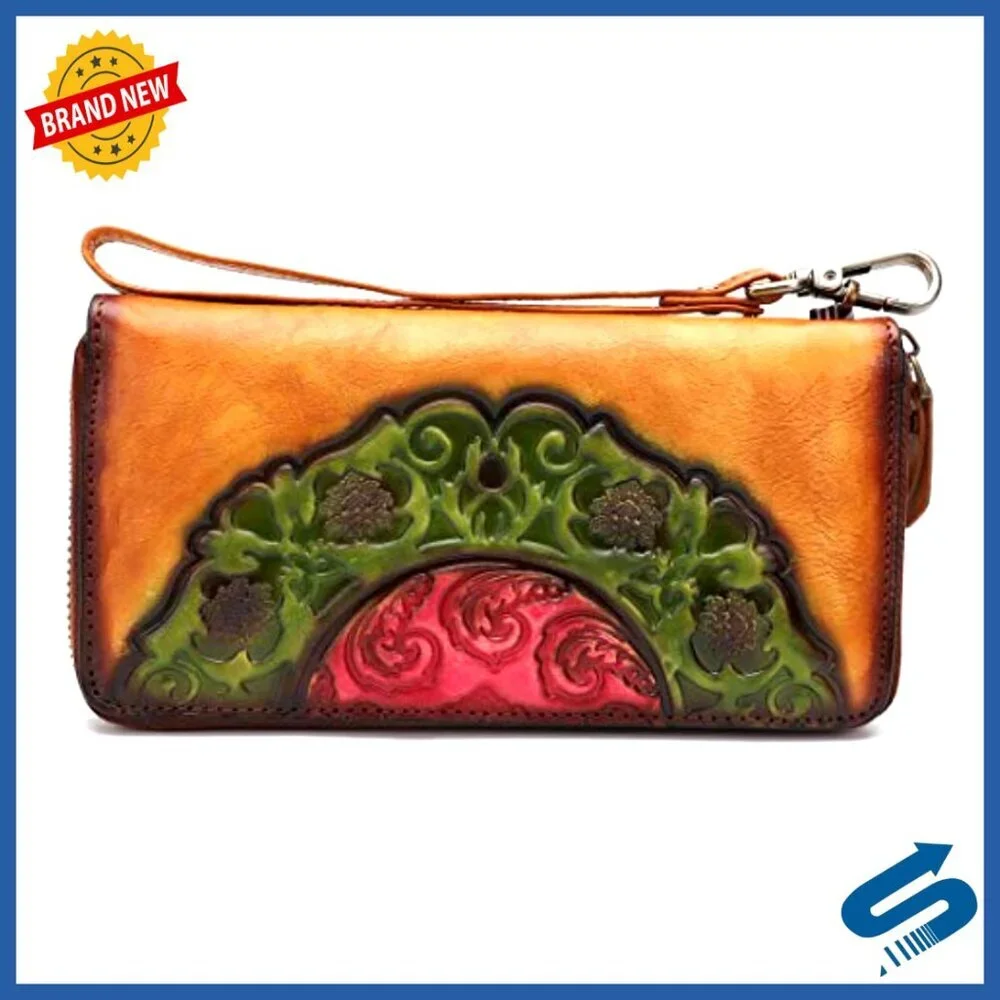 Genuine Leather Small Clutch Wallet with 8 Card Slots and Zipper Pocket